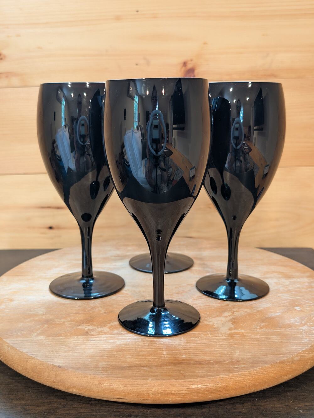 Set of 4 Vintage Black Fine Glass Water Goblets - 8" - MCM